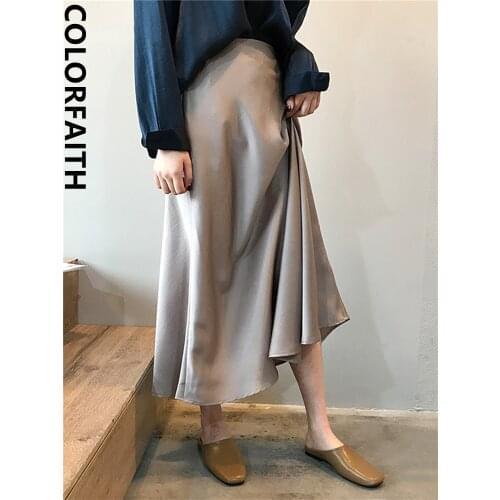 Colorfaith New 2020 Womens Skirts Spring Fall Casual Vintage Solid High Waist Ankle-Length A-Line Satin Elegant Skirts SKYX0320
