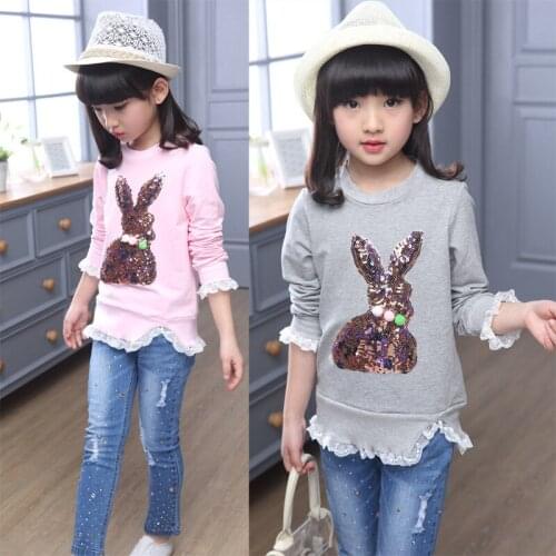 Childrens Spring Autumn T-shirt with Cartoon Sequins Girls Kids Long Sleeve Lace Top Clothes for Teenage Girls 5 6 8 9 12 Years