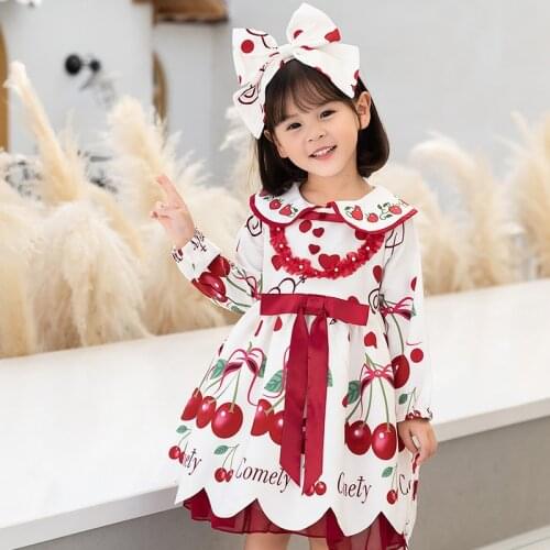 Lolita Girl Dress Autumn Winter Kids Cherry Printed Dresses Baby Princess Infant Birthday Baptism Ball Gowns Children Clothes