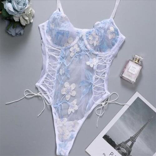 Floral Exotic Lingerie Womens Sexy Mesh Bodysuit Spaghetti Strap Bandage See-through Babydoll Teddies