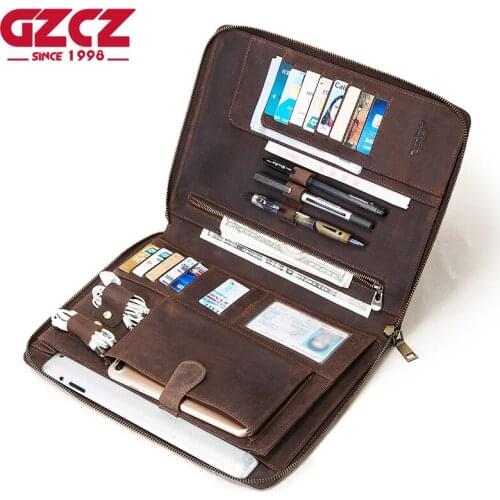 GZCZ 2020 Genuine Leather ipad Bag Large Capacity Men Clutch Hand Bags Crazy Horse Leather Male Vintage Card Holder Handbags