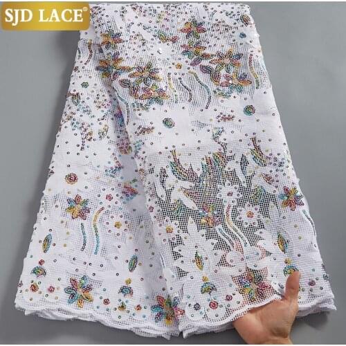 SJD LACE Nigerian French Mesh Lace Fabric With Applique Sequins African Net Lace Fabric White Bridal Wedding Materials Sew A2581