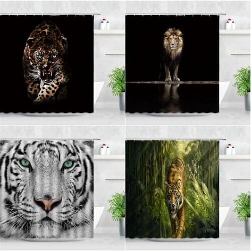 Lion Leopard Tiger Shower Curtain Set Tropical Jungle Animals Wildlife Wall Decor Cloth Waterproof Bathroom Bath Curtains Hooks