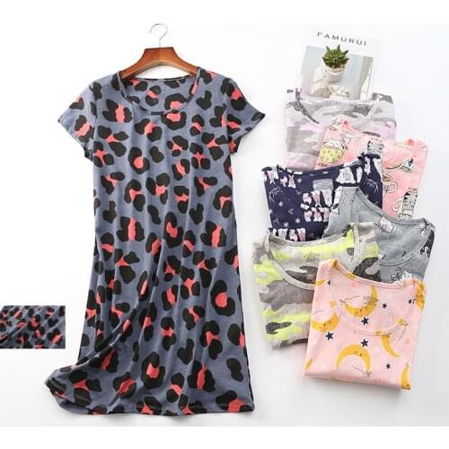 Summer Sleepwear Women Casual Cartoon Cotton Homewear Big Size Short Sleeve O-Neck Nightdress Fashion Clothes Vintage Pjs
