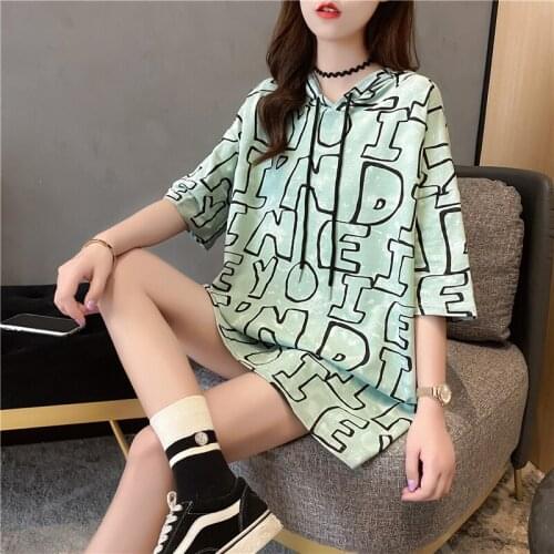 Summer new style T-shirt loose mid-length paragraph front and rear letter printing large size hooded short-sleeved T-shirt women