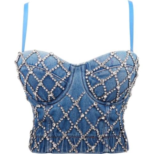 Fashion Women Cropped Top Push Up Denim Bra Womens Sexy Glitter Top Party Christmas BlackRhinestone Slim Top