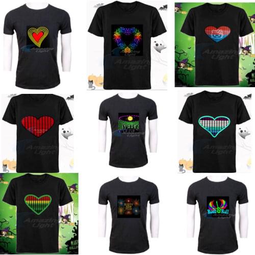 Mens T-shirt 100% Cotton Love Heart Shape Logo Light Up LED T shirt Sound Activated Flashing El Panel T-shirt