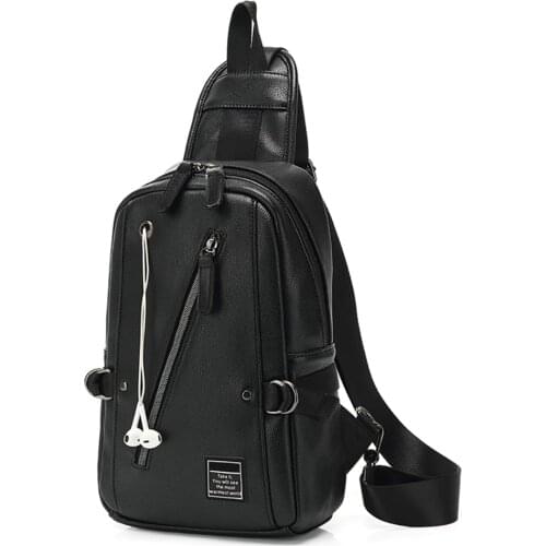 Men PU Leather Chest Bag Mens Sling Shouldre Bags Chest Pack Crossbody Bag with Earphone Hole Back Pack Travel Chest Bag
