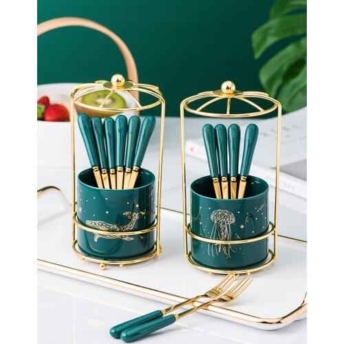 Nordic Ceramic Stainless Steel Fruit Fork Storage Tube Dessert Fork Cake Fork Fruit Fork Storage Pot Living Room Fruit Fork Set