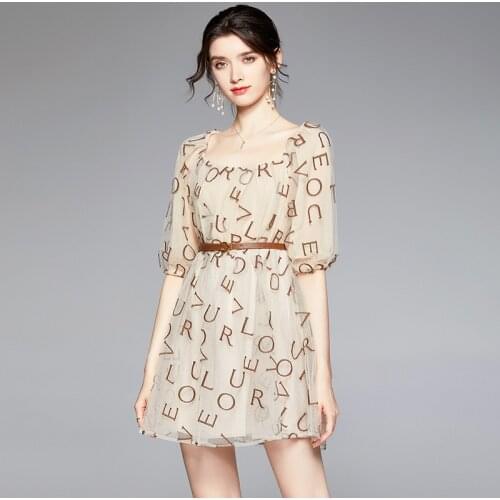 2021 new summer midi dress with square neck and puffed sleeves, organza embroidery, high waist and slim mesh gauze Dress