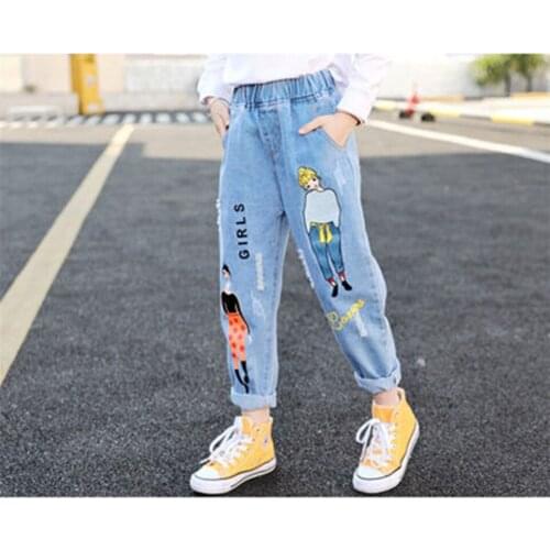 New Fashion Cartoon Jeans for Girls Teenage Children Jeans Elastic Waist Denim Pants Kids Trousers for Girls Kids Clothes 4-13T