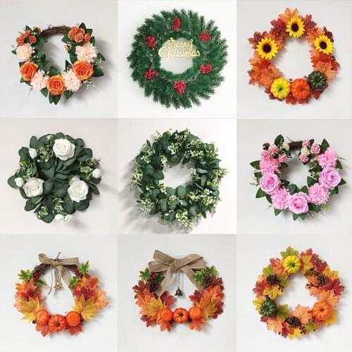 Autumn Leaves And Pumpkin Garland Christmas Artificial Flower Wreath For Farmhouse Decoration Door Ornament