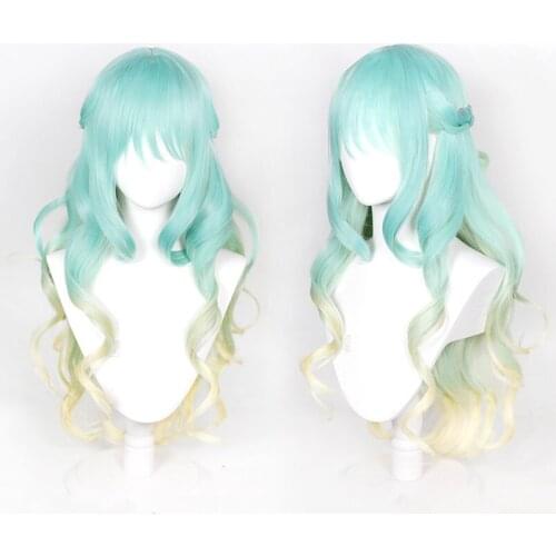 Tenkuu Shinpan Shinzaki Kuon Wig Long Curly Gradient Blue Gold Wigs High-Rise Invasion Halloween Cosplay Props 80cm+Free Wig Cap