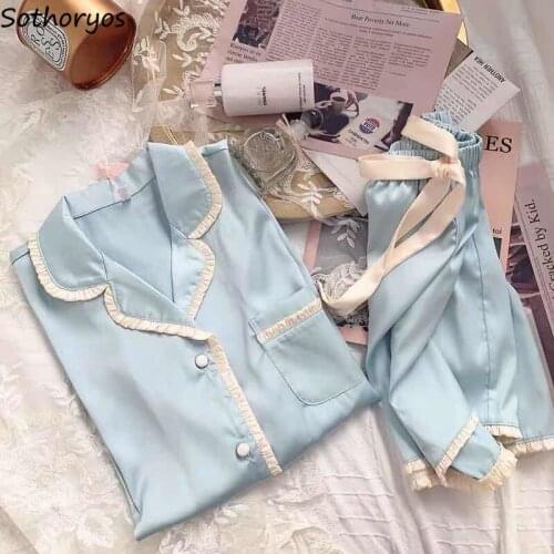 Pajama Sets Women Solid Turn-down Collar Bow Summer Single Breast Womens Homewear Fashion Simple Soft Nightwear Chic Pyjama Home