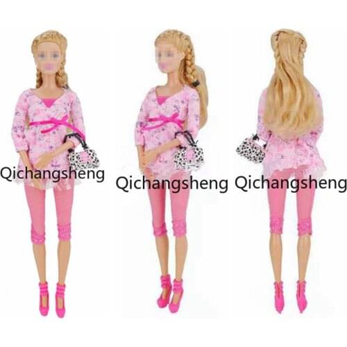 Pink 1/6 BJD Doll Outfits Set For Barbie Clothes Cat Dragonfly Print Shirt Lace Skirt Leggings Shoes Bag 11.5" Dolls Accessories