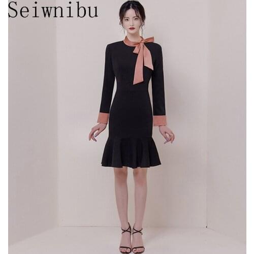 Seiwnibu Luxury Women Party Dress 2019 Autumn Black Patckwork Long Sleeve Bodycon Bow Collar Ladies Work Mermaid Dress