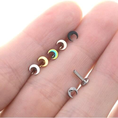 2Pcs 16G 6/8mm Bar 4mm Mini Cute Moon Ear Piercing Helix Nose Stud Earrings Tragus Lobes Cartilage Conch Labret Lip Ring Jewelry