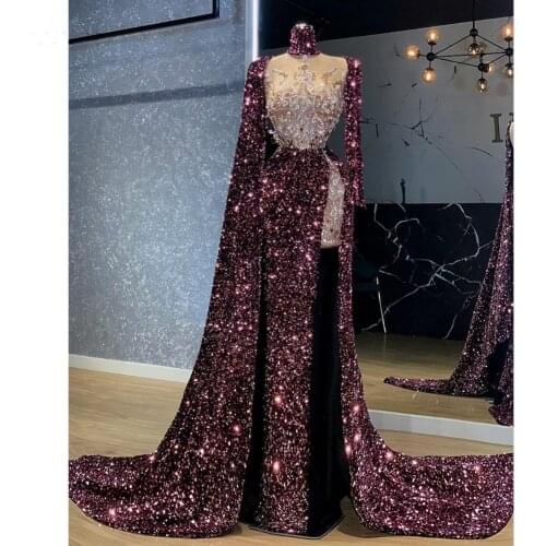 Modern Luxury Purples Moroccan Dresses Sparkle Sequined Beaded Long Mermaid Prom Dresses Sleeves Split Islamic Party Dresses