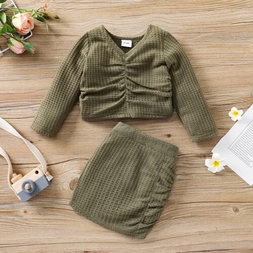 2Pcs Kids Tracksuit Girls Solid Color V-Neck Long Sleeves Tops Short Skirt Childrens Clothing Sets 18 Months to 6 Years