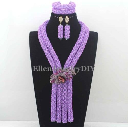 Stylish Lavender Nigerian Wedding bridal beads Flower African Beads Jewelry Set Handmade Indian Dubai Bridal Necklace W13616