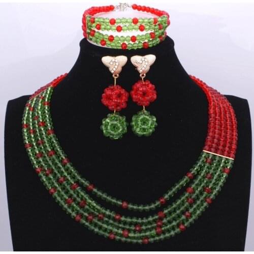 Amazing African Beads Jewelry Set For Women Wedding Red Green Jewelry Set 5 Layers Traditional Nigerian Beads Free Shipping 2018