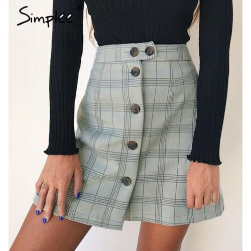 Simplee Plaid front buttom mini skirt A-line high waist bodycon pencil skirt Short skirts autumn winter women 2018 casual