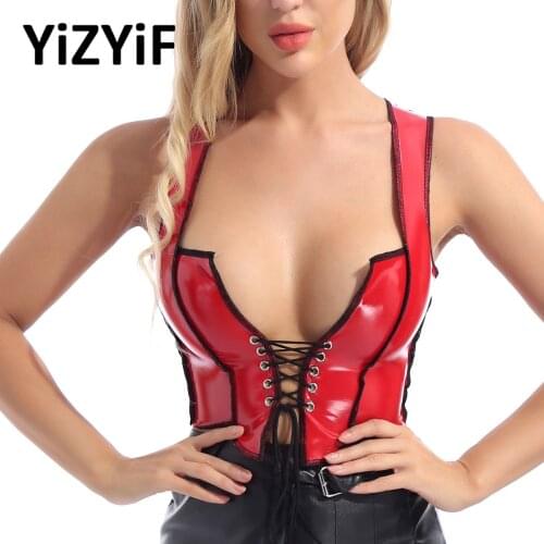 Gothic Pu Leather Crop Top Women Sexy Lace-up Front Tank Top Faux Leather Bustier Bodycon Streetwear Clubwear
