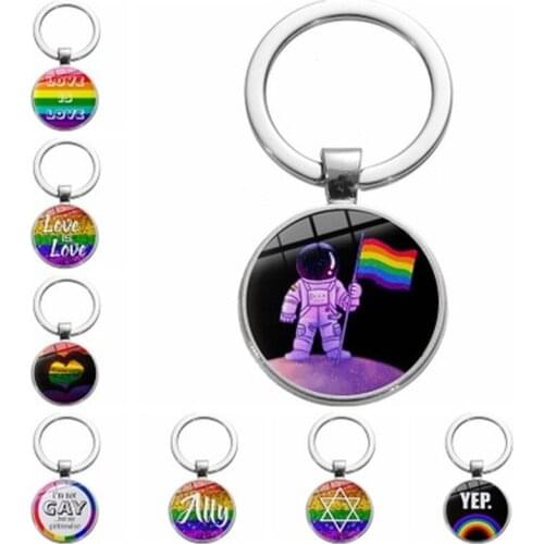 Rainbow Flags Glass Dome Keychain Lesbian Gay LGBT Pride Flag Car Key Chain Silver Plated Metal Key Ring