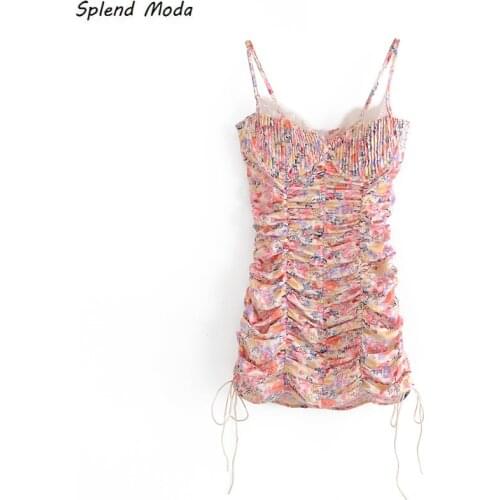 2021 Fashion Summer Woman Slim Floral Printed Satin Elegant Holiday Sling Mini Dresses Pleated Waist Bottom Hip Dress Vestido