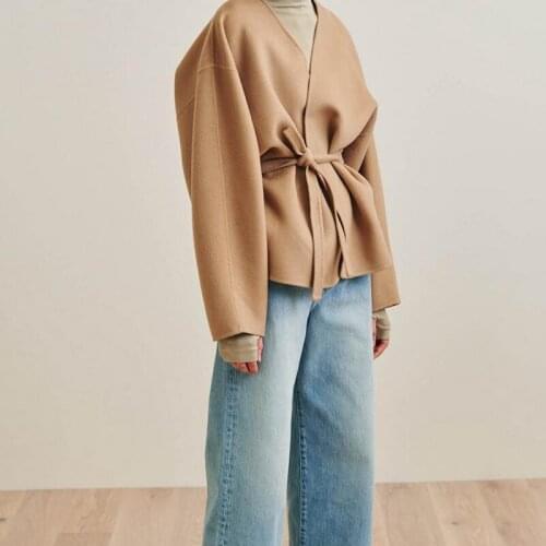 Women Coat 2019 Spring Curved Contour Tie Waist Wool Cashmere Jacket