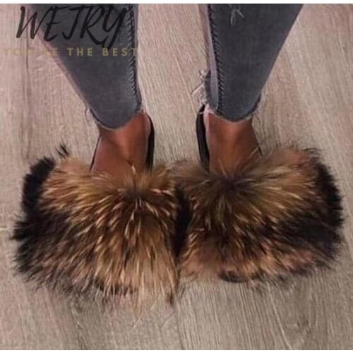 IN 2020 Brand Luxury Fur Slippers Women Real Fox Fur Slides Home Furry Flat Sandals Female Cute Fluffy House Shoes Woman