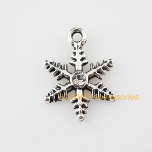 30Pcs Tibetan Silver Color Clear Crystal Snowflake Charms Pendants 13.5x18mm