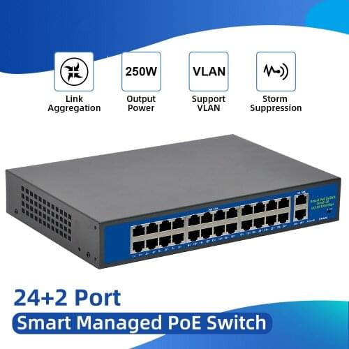 52V Network POE Switch Ethernet 10/100/1000Mbps 24ports IEEE 802.3af/at Suitable for IP camera/Wireless AP/CCTV camera 250m