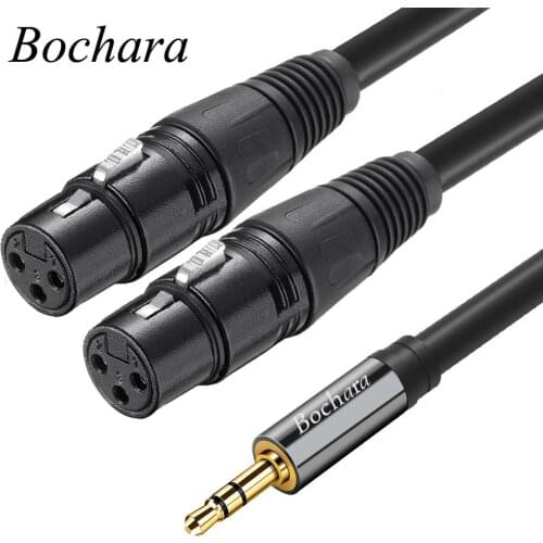Bochara 1.5m 5ft 3.5mm Stereo Jack Male to Dual XLR Female OFC Aux Audio Cable Foil+Braided Shielded For Speakers