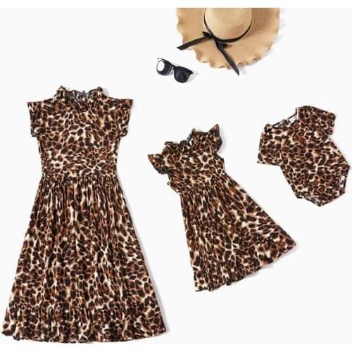 Baywell Summer Mother and Daughter Sleeveless Leopard Dress Baby Bodysuit Matching Family Clothes For Mother Child