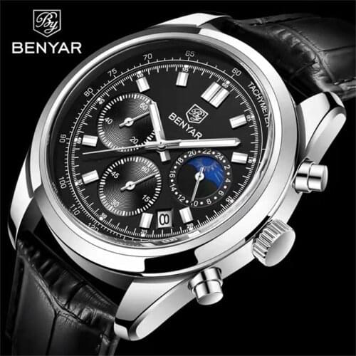 Benyar 2021 Neue Luxus Quarzuhr Männer Klassische Leder 50m Wasserdichte Uhr Military Sport Multifunktionale Chronograph Relogio