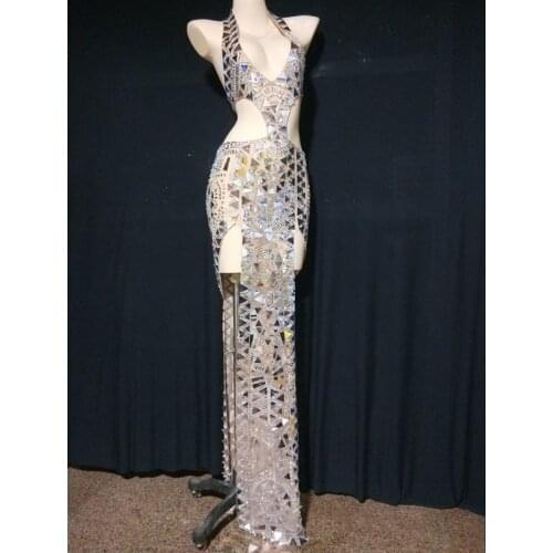 Flashing Silver Mirror Rhinestone Dress Women Dance Latin Costume Birthday Celebrate Evening Wedding Long Dress