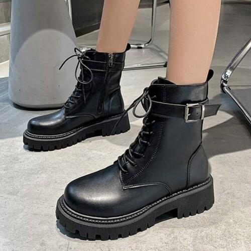 New Women 2021 Autumn Ankle Boots Female Lace Up Platform PU Leather Shoes Ladies Buckle Zip Solid Block Heels Fashion Boot