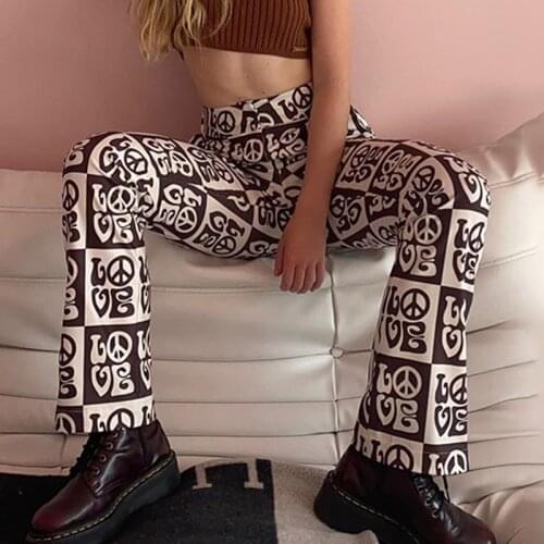 Women Split Side Flare Pant Pattern Print Autumn Casual Slim Streetwear High Waist Gothic Zipper Trousers Fashion Pencil Pants