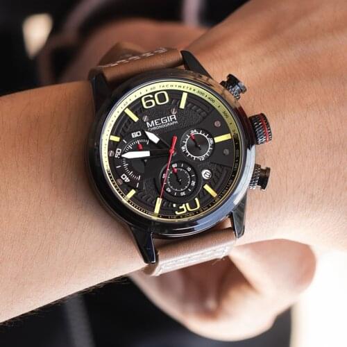 Relogio Masculino MEGIR Men‘s Watches Leather Sport Chronograph Quartz Military Watch Luxury Brand Zegarek Meski Erkek Kol Saati