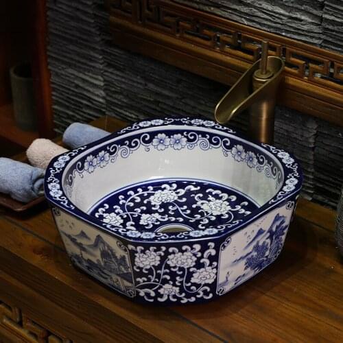 Europe style chinese wash basin Jingdezhen Art Counter Top ceramic basin sink vessel wash basin bathroom sink blue and white