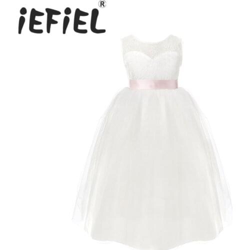IEFiEL Lace White Flower Girl Dresses Back Hollow Heart Shape First Communion Dresses Girls Princess Pageant Party Bridal Dress