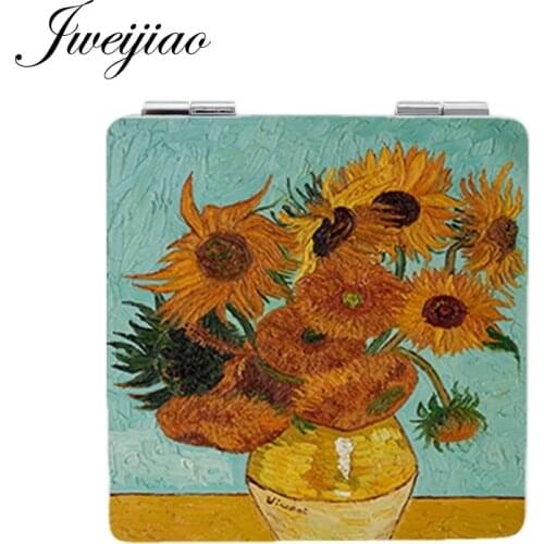 JWEIJIAO van gogh Oil Painting Sunflower Makeup mirrors Famous paintings Starry sky Square leather pocket mirror for women ZZ74