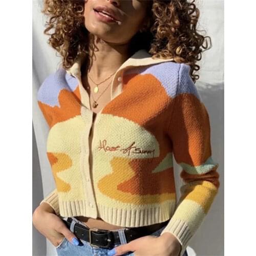 Women Vintage Cardigan Sweater Knitted Chic Single Breasted Loose Sweaters Female Autumn Striped Sunshine Print Y2K Cardigans