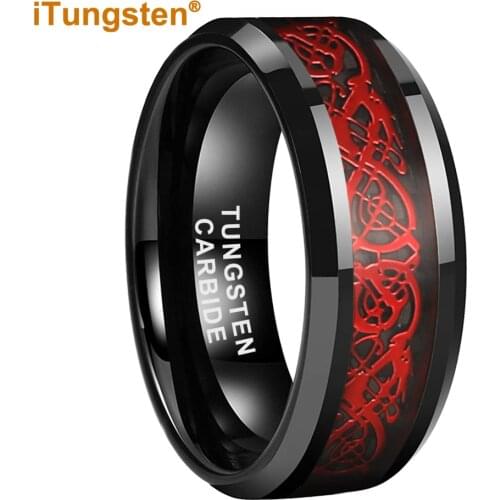 Black Tungsten Carbide Ring Wedding Band For Men Women With Black Carbon Fiber Red Dragon Inlay Comfort Fit