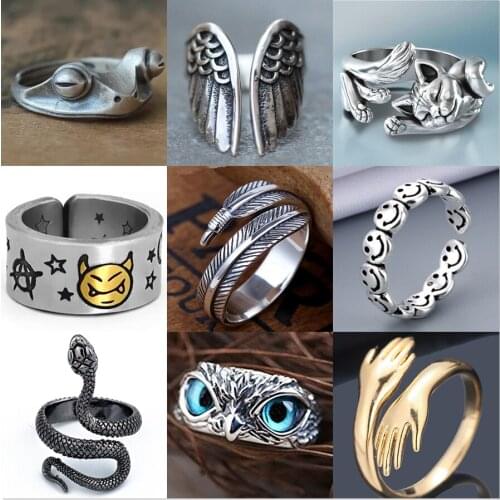 New Ancient Silver Happy Smile Exaggerated Snake Ring Retro Mens And Womens Hip Hop Adjustable Ring Fashion Jewelry Best Gift