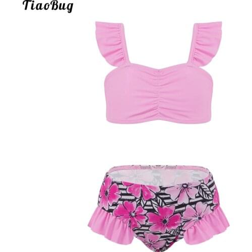 TiaoBug Summer 2Pcs Kid Girls Swimming Suit Square Neck Straps Ruched Front Ruffle Trim Crop Tops And Briefs Set Swimwear Bikini