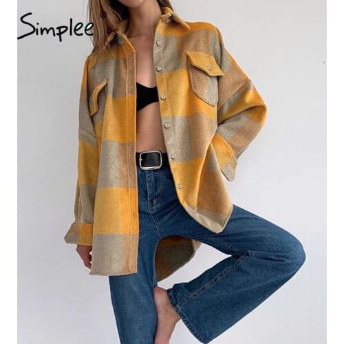 Simplee Streetwear loose plaid shirt jacket ladies Casual autumn women coat female shirt Buttons pockets tweed short coats 2020