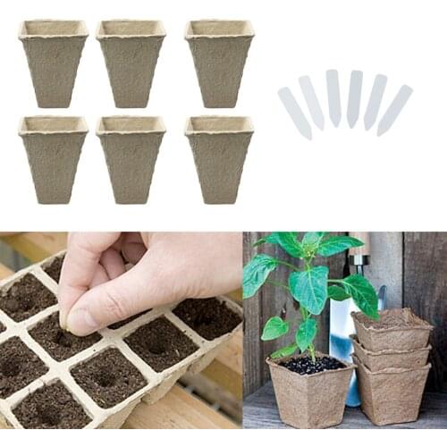 Behogar 50pcs Square Peat Pots Plant Seedling Starters Cups Nursery Herb Seed Biodegradable Pots with Label Maker Tags