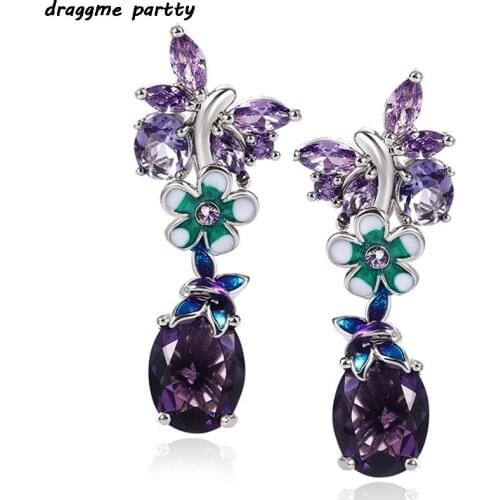 New Style Oval Purple Zircon Flower Earrings Female European And American Popular Butterfly Ladies Earrings